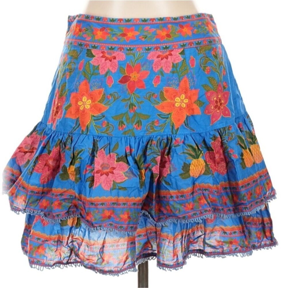 Farm Rio Blue Tropical Floral Tiered Ruffle Mini Skirt S Cotton Blend